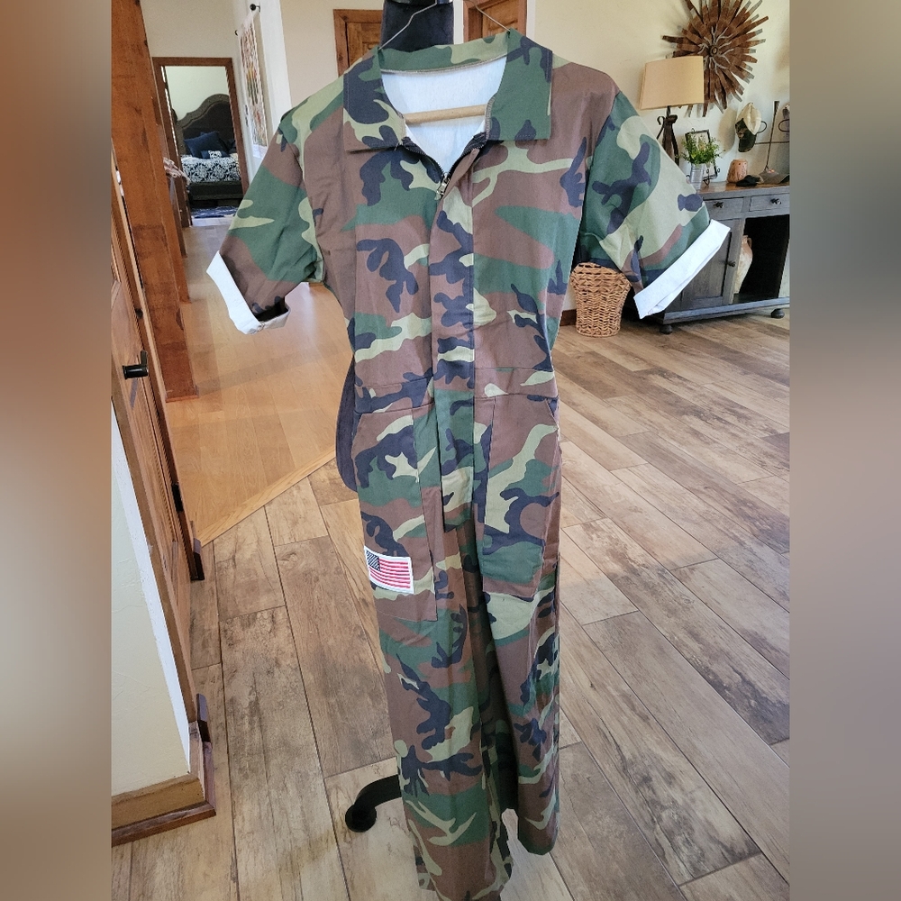 New Women's Army Camo Flag Jumpsuit Jumper Coverall Small